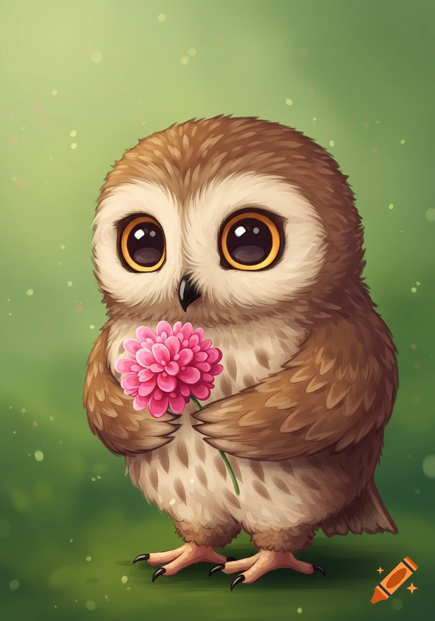 Cute illustration of an owl holding a pink flower