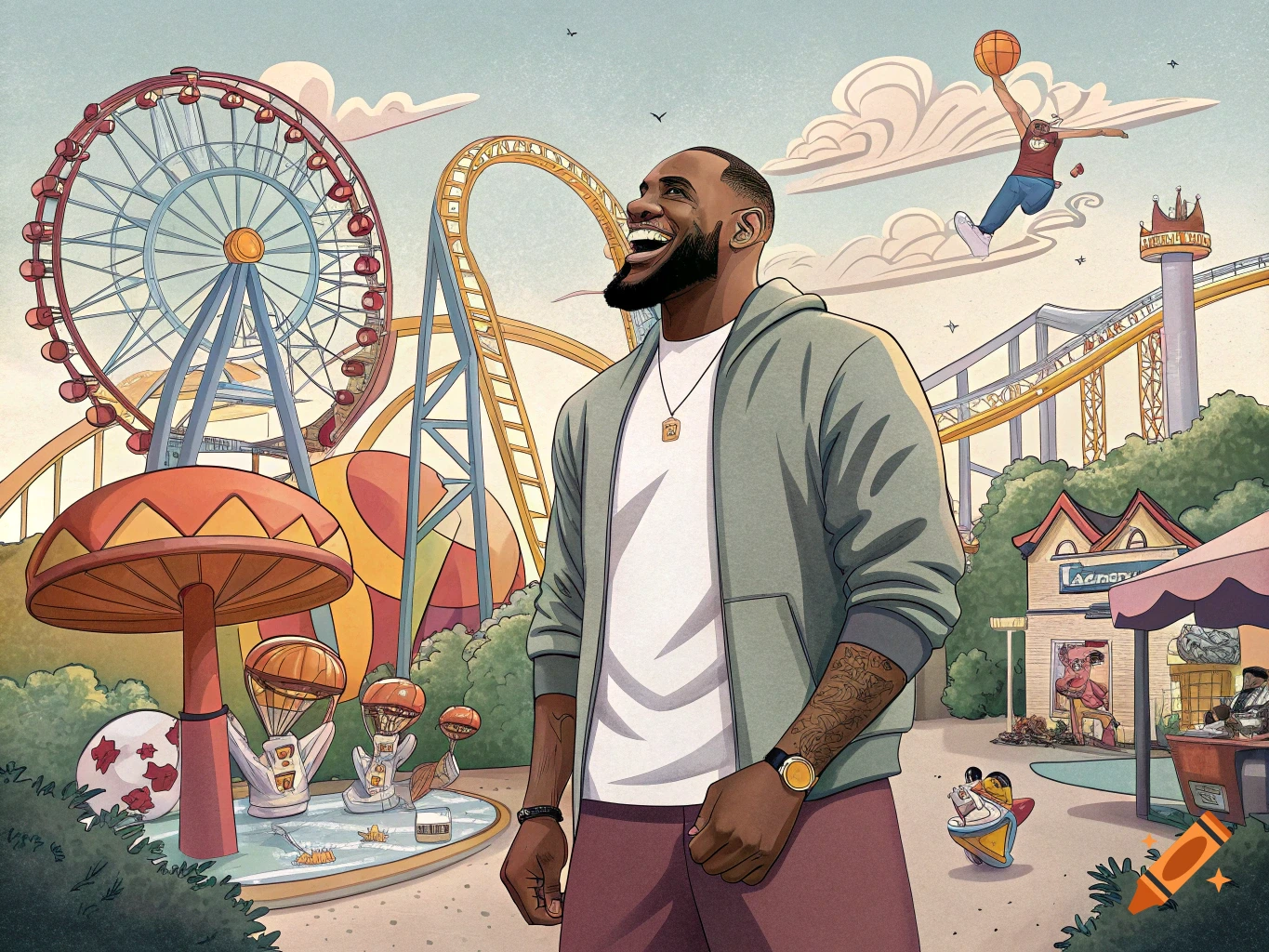LeBron James smiles at a theme park with rides and a basketball player in the air, in an illustration style.