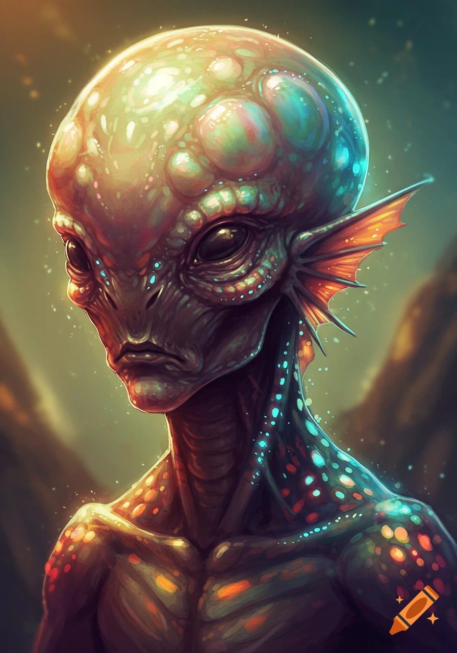 Portrait of an alien creature with a large bulbous head, subtle scales, bioluminescent spots, and amphibious fins.