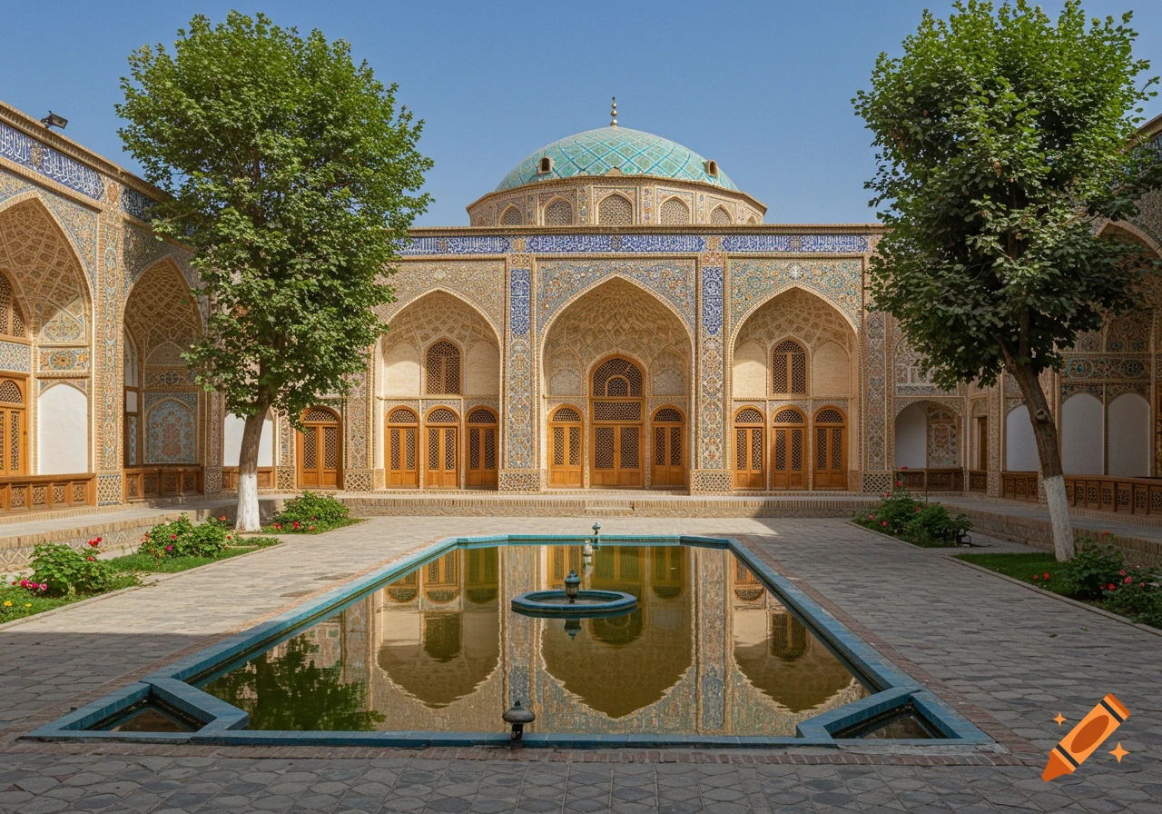 A traditional Iranian courtyard with ornate tiled architecture, a central reflective pool, and trees under a blue sky.