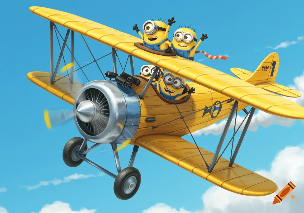 Four Minions fly a yellow biplane through a cloudy sky.