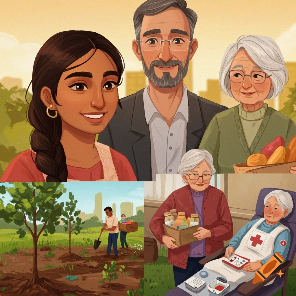 Illustrated collage of people performing community service including planting trees, donating food, and donating blood.