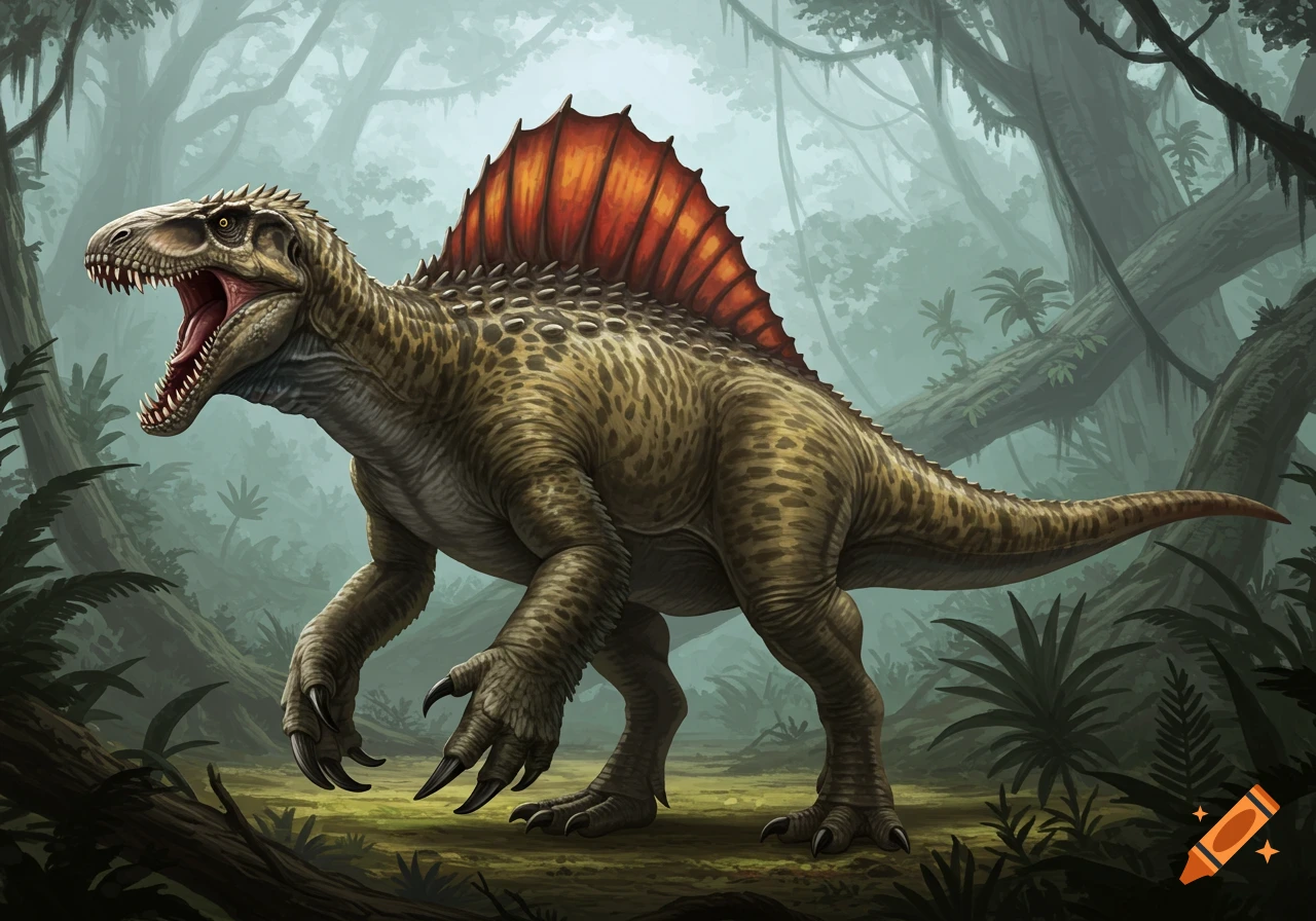 A large hybrid dinosaur with a sail on its back stands in a prehistoric jungle.