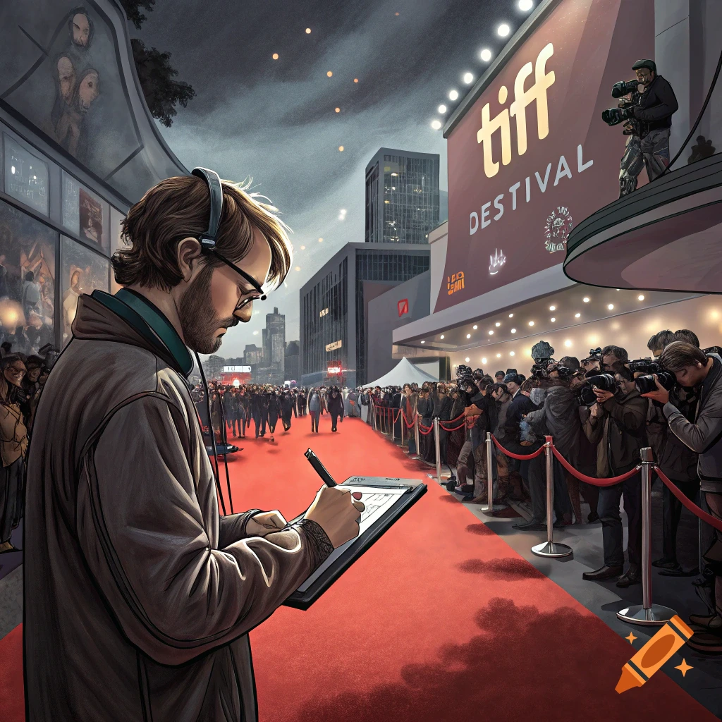 Filmmaker writes on a tablet on a red carpet with a crowd and photographers at a film festival.