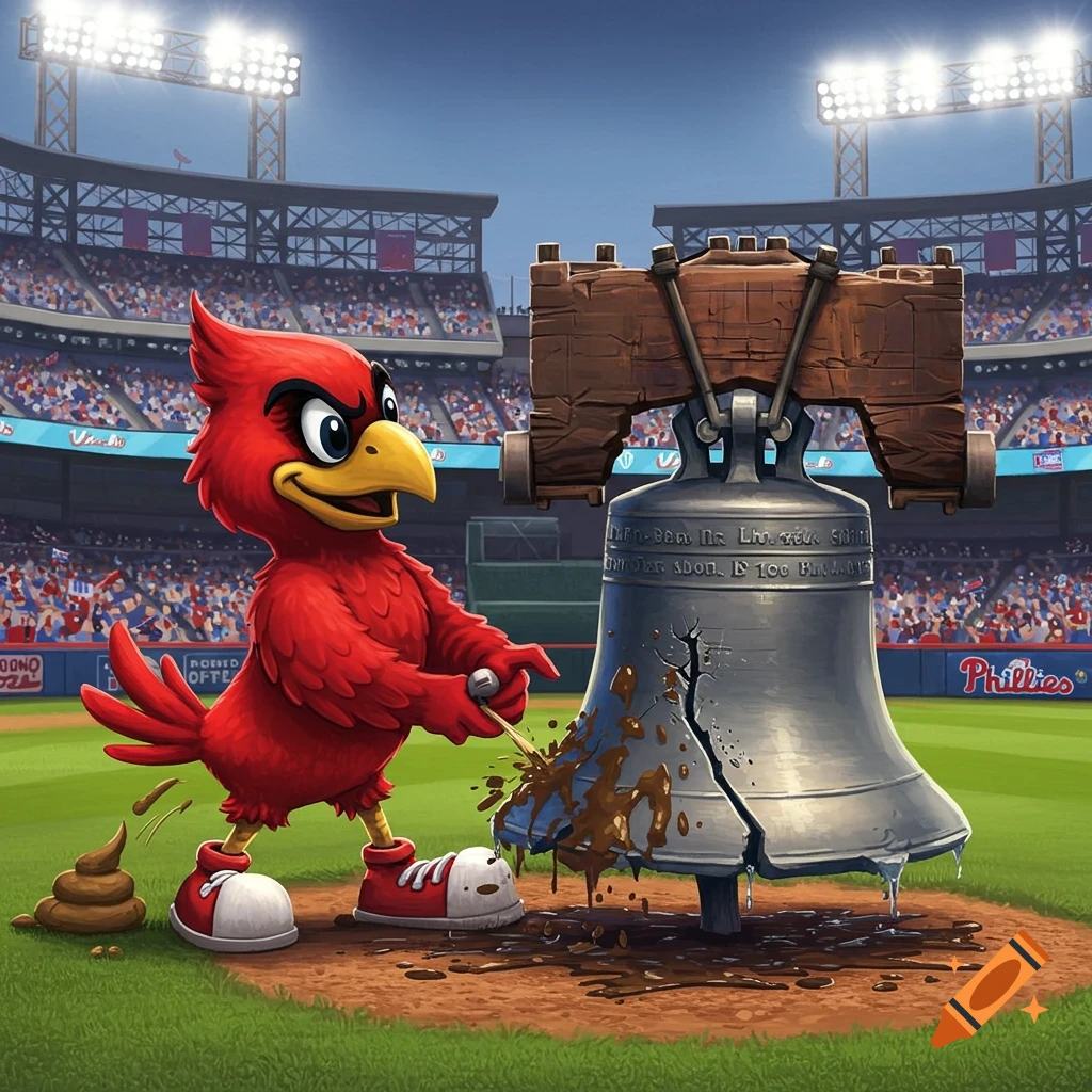 A cartoon red bird mascot poops on the Liberty Bell in a baseball stadium.