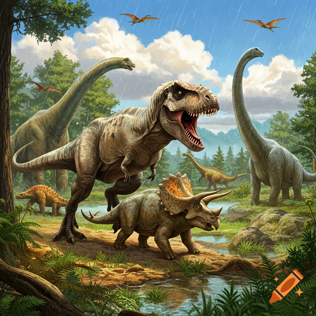 Tyrannosaurus Rex and Triceratops near a stream with other dinosaurs and pterodactyls in a lush prehistoric forest in the rain.