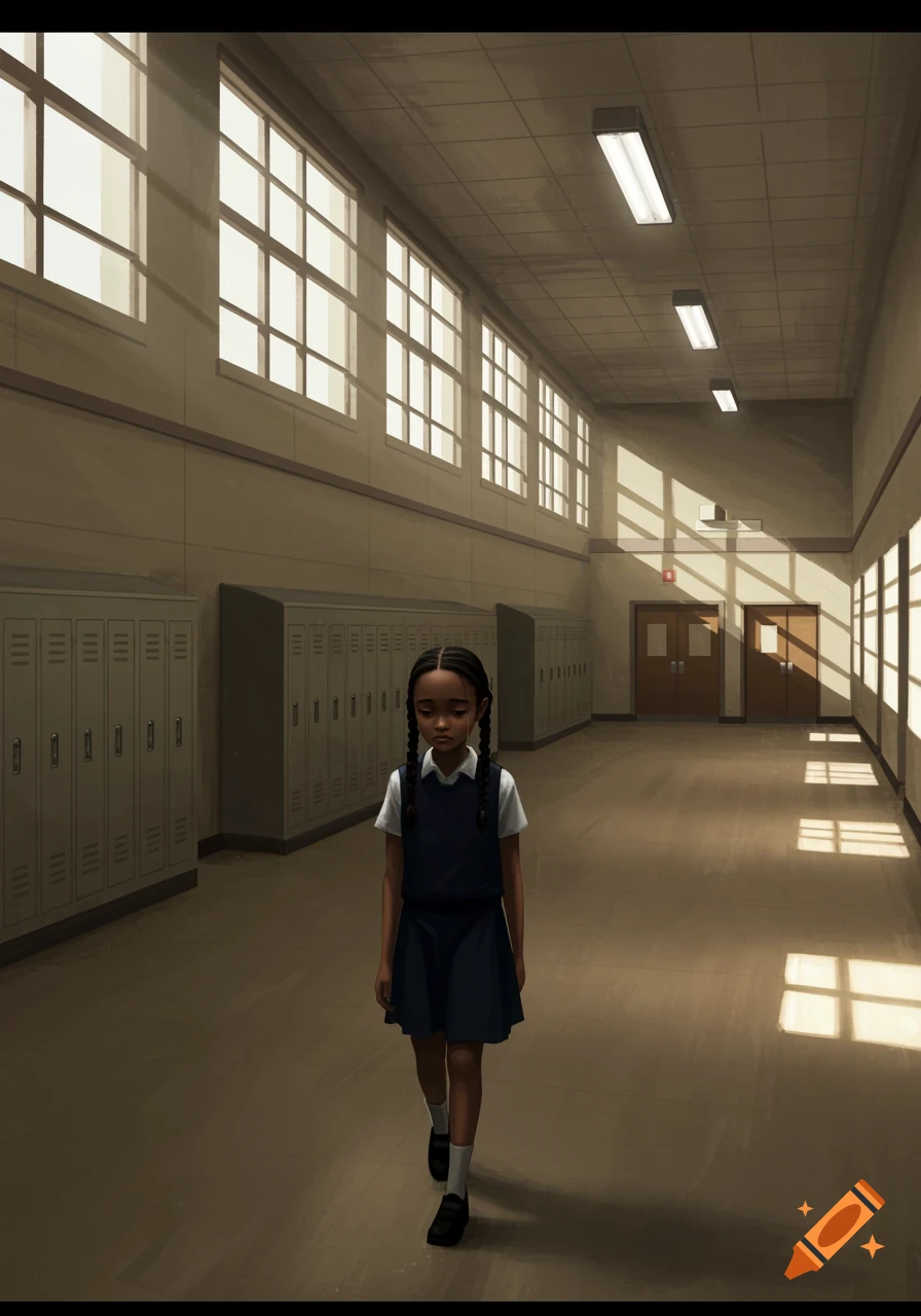 A sad girl walks down a sunlit school hallway lined with lockers
