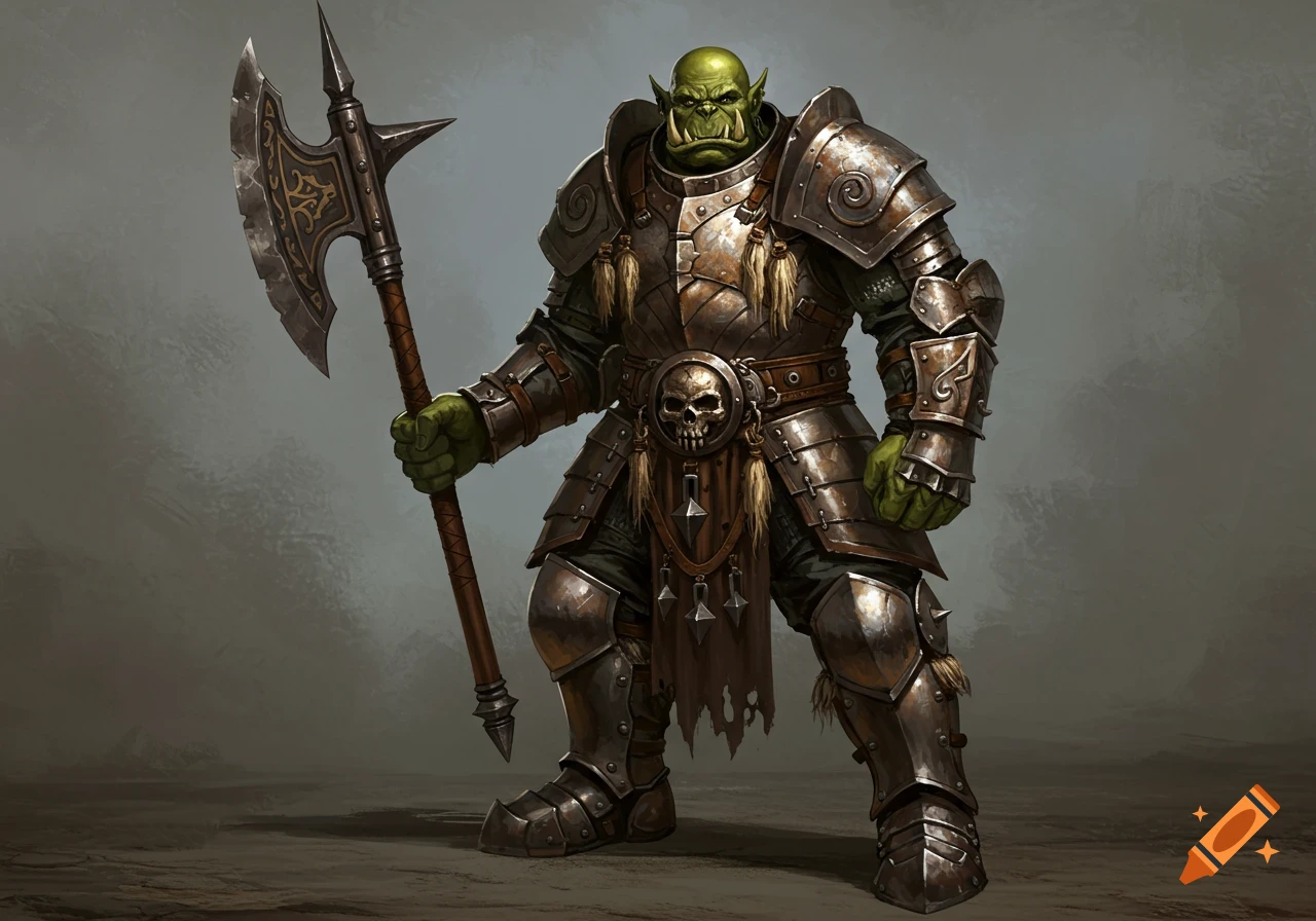 A heavily armored green orc war boss stands holding a large double-handed battle axe.