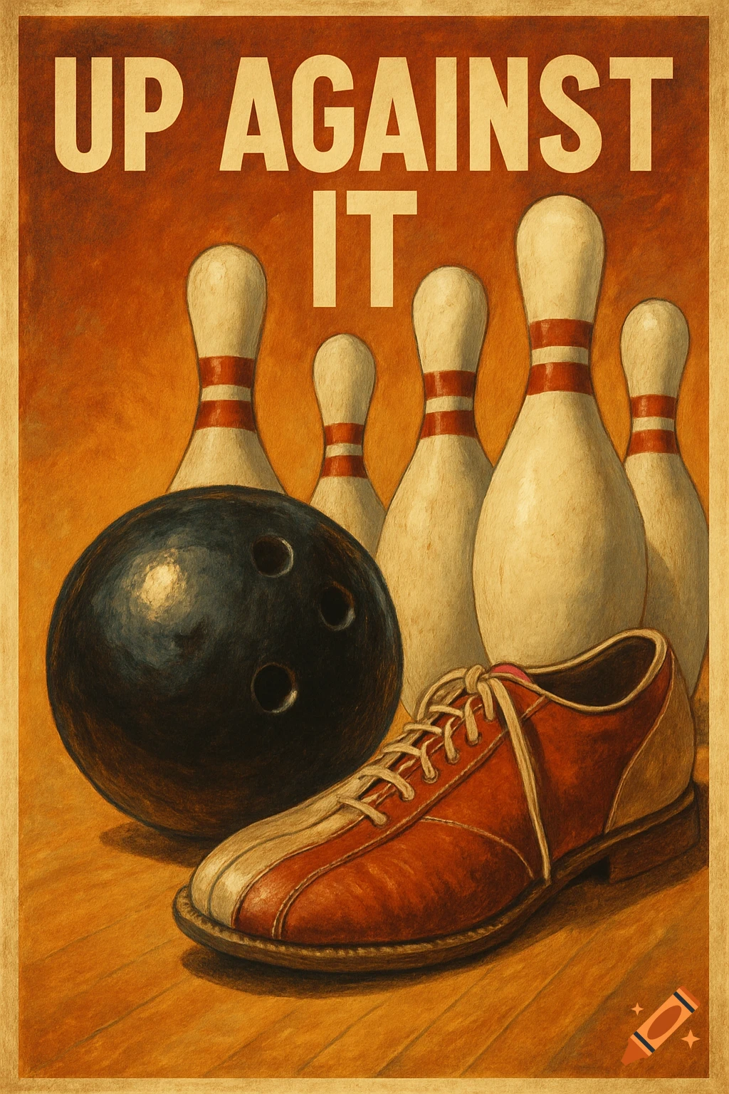 Vintage style poster featuring a bowling ball, pins, and a bowling shoe with the text "UP AGAINST IT".