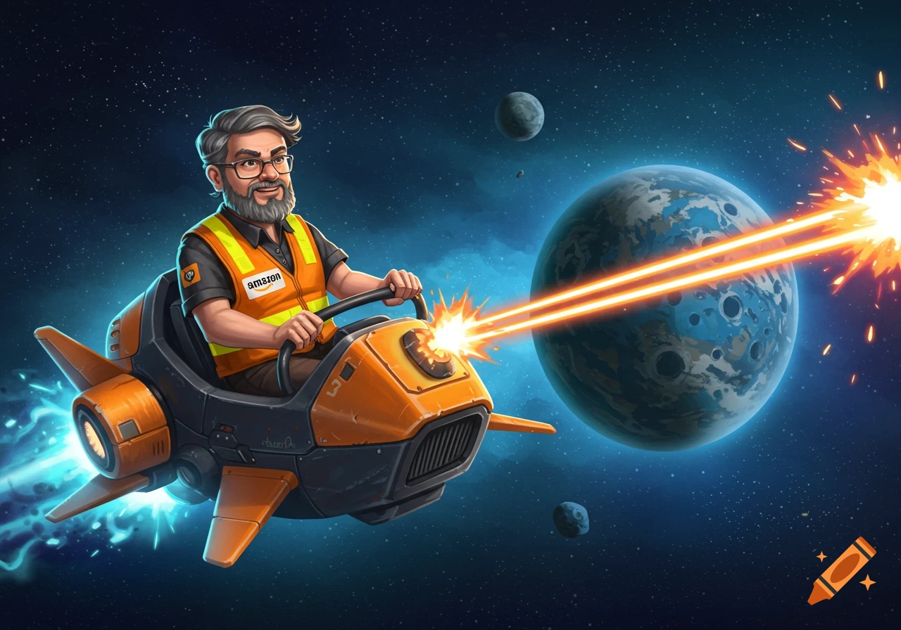 Cartoon man in safety vest riding a spaceship shooting a laser at a planet