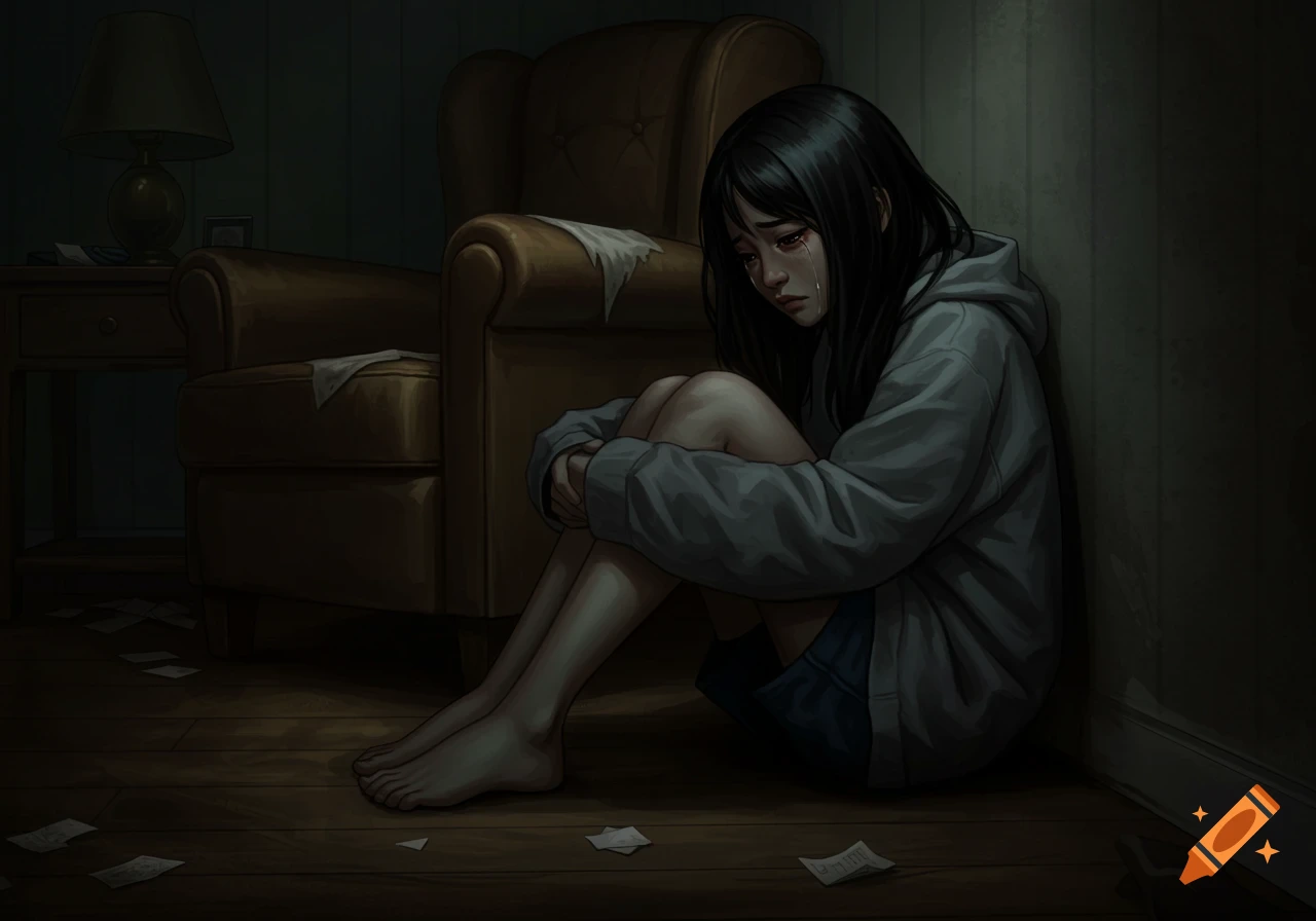 Illustration of a sad person crying while sitting on the floor in a dark room.