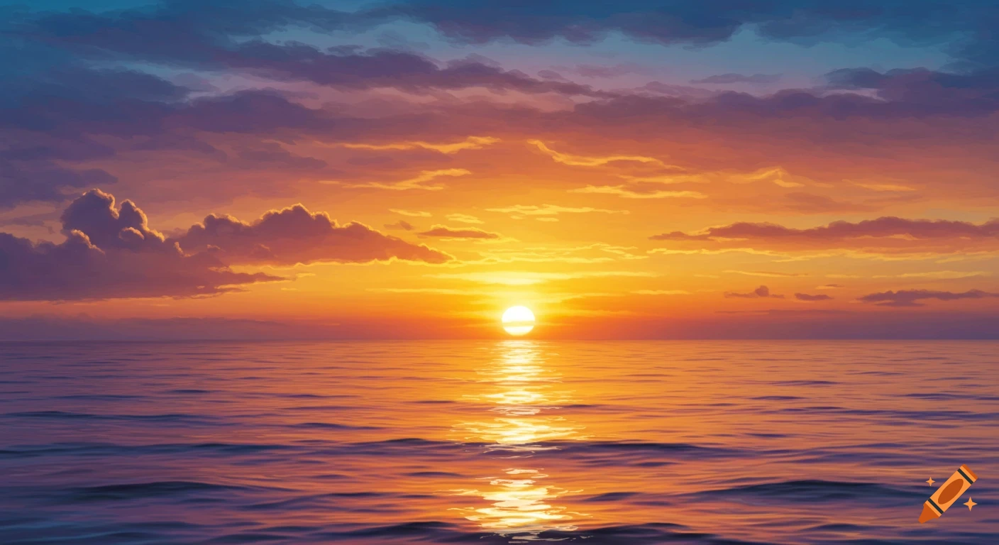 Sunrise over the ocean with warm orange and purple clouds in a painterly style.