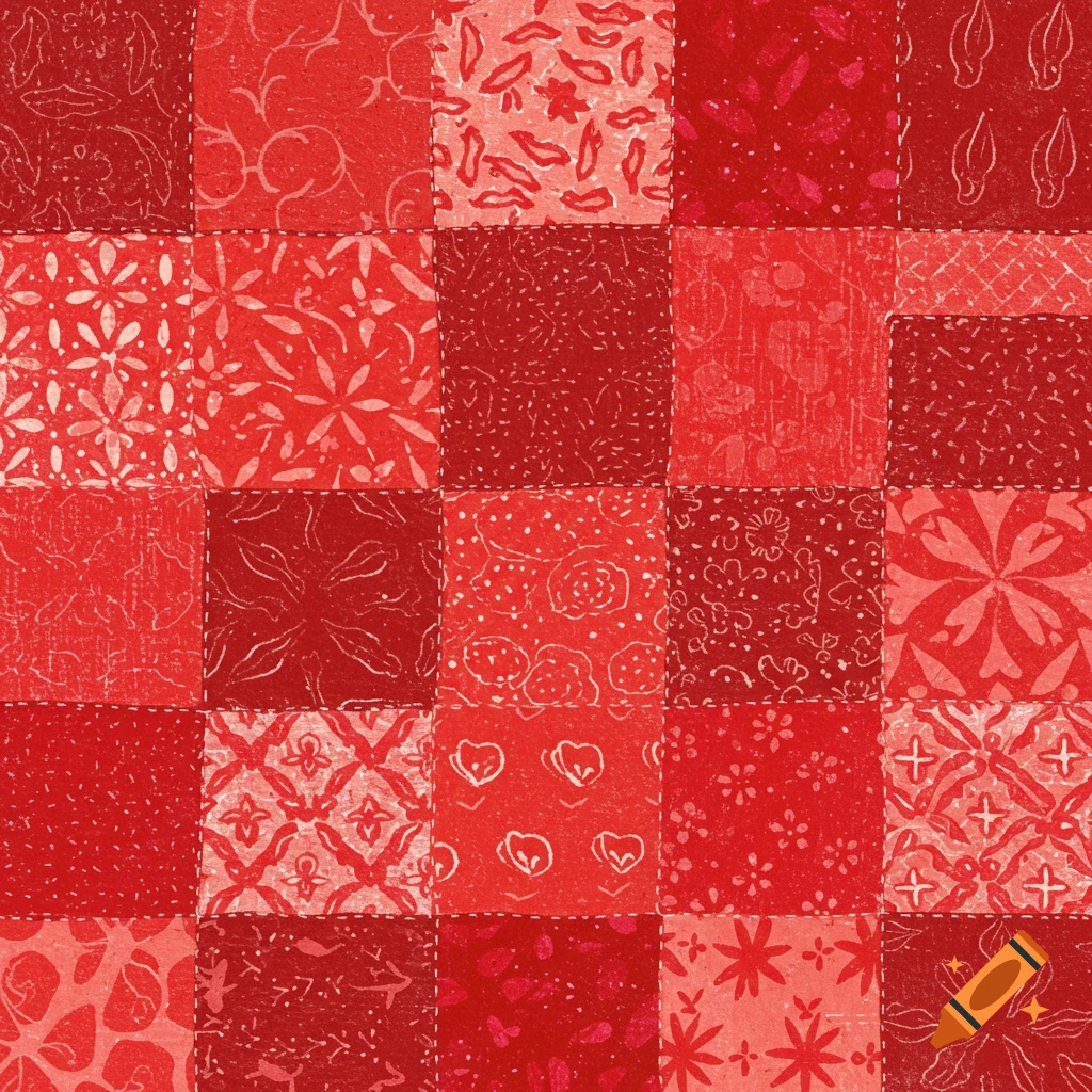 Red and white patchwork quilt with different patterns.