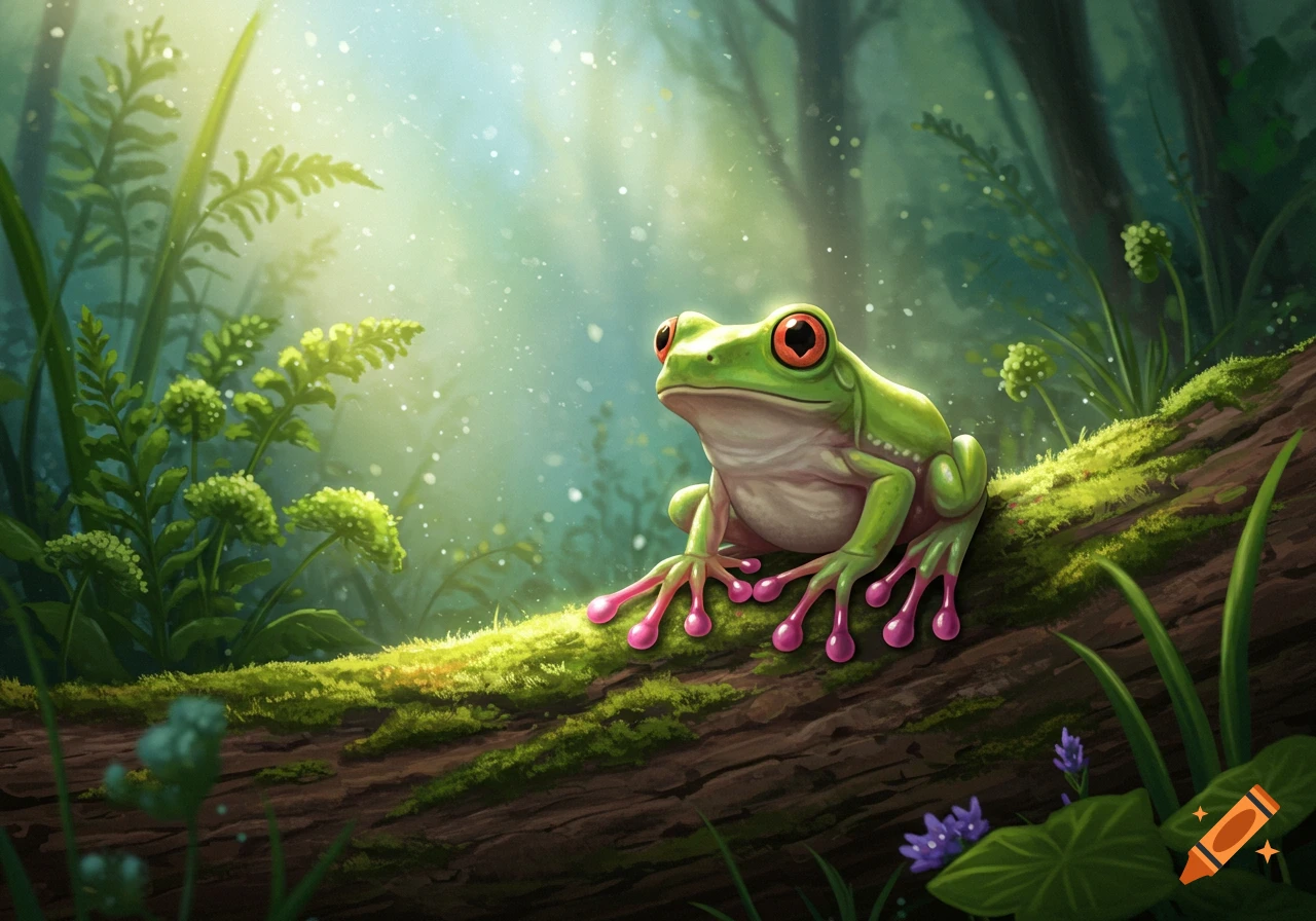 A green frog with pink toes sits on a mossy log in a sunlit forest.