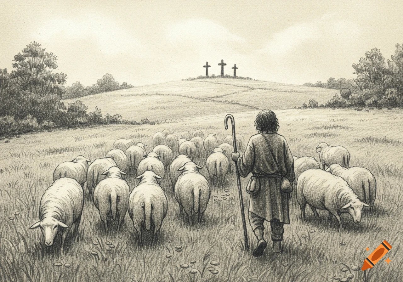 A pencil sketch of a shepherd and sheep walking towards three crosses on a hill.