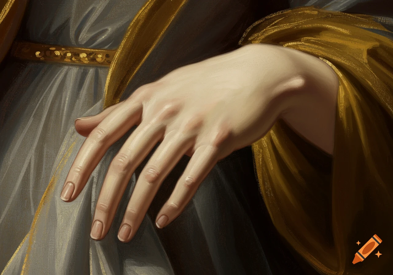 Close-up of a hand with long fingers in a classical or Renaissance painting style.