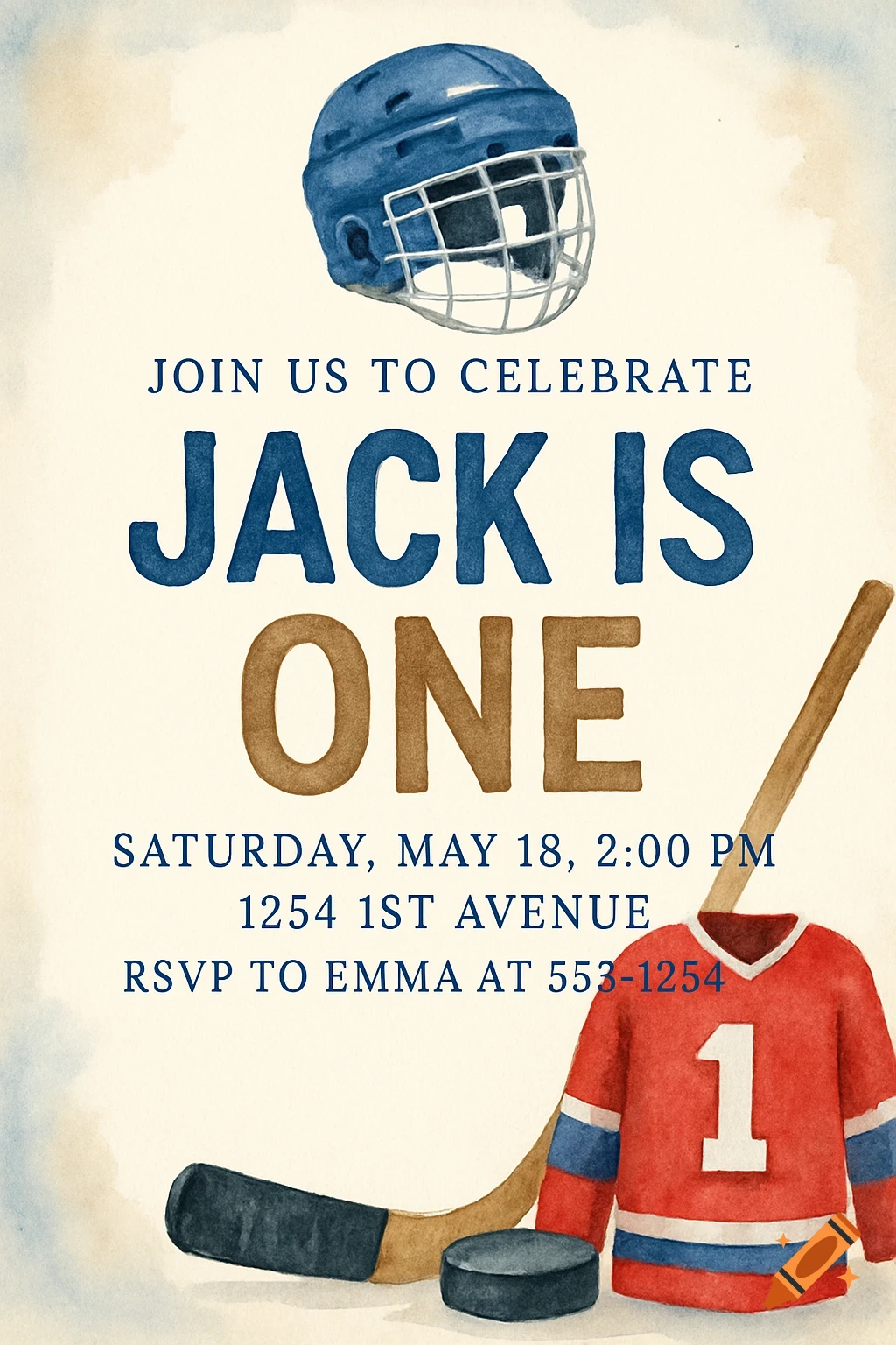 Watercolor hockey themed first birthday invitation for Jack, with helmet, stick, puck, jersey, and party details.