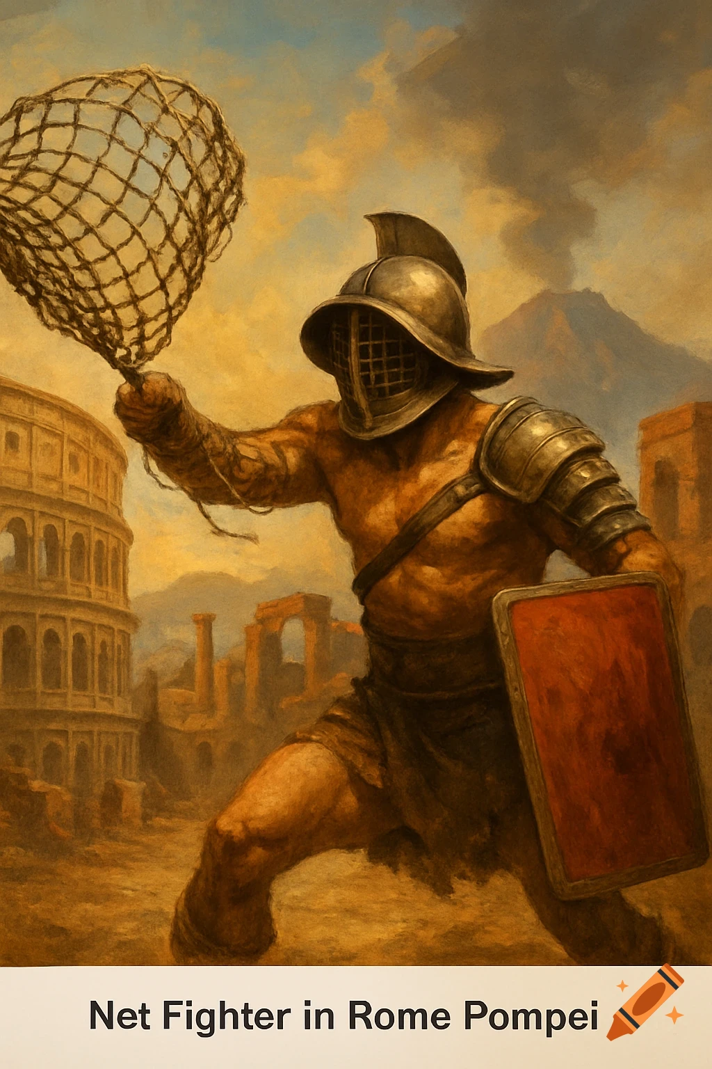 A gladiator with a net and shield stands before Roman ruins and a smoking volcano in a painted style.