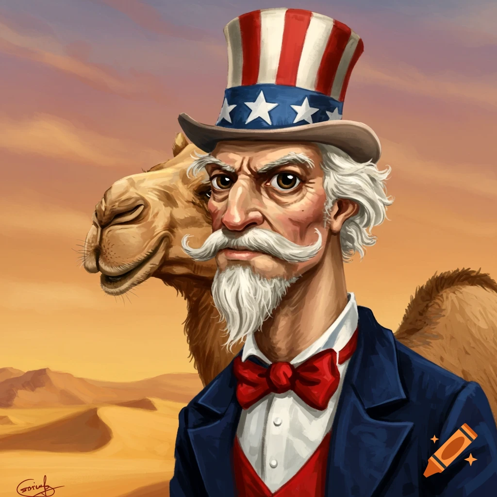 Caricature illustration of Uncle Sam with a camel in a desert.