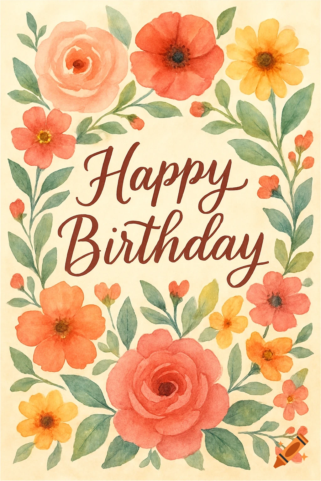 Watercolor birthday card with a border of orange and pink flowers and green leaves surrounding 'Happy Birthday' text.