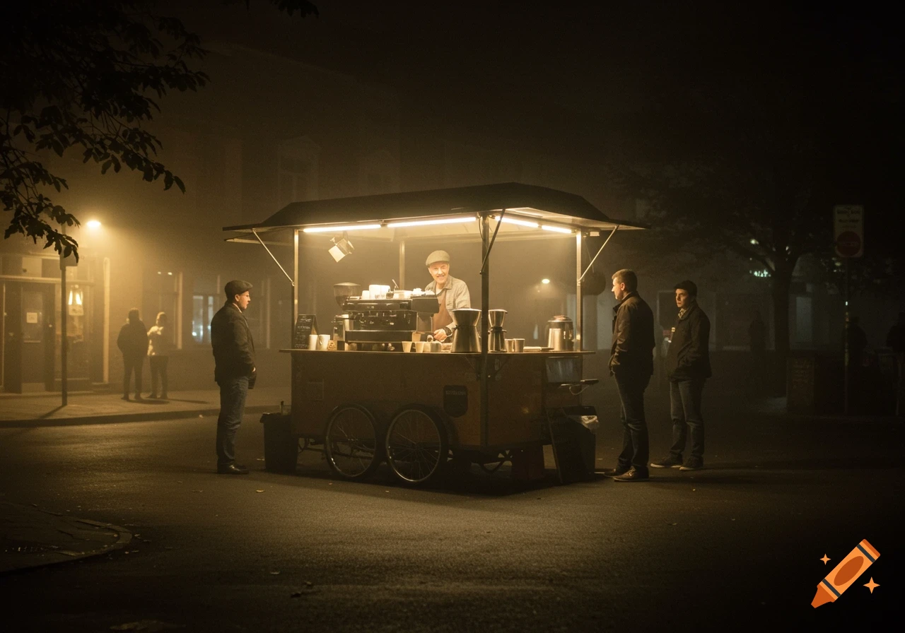 Photorealistic image of a coffee cart on a dimly lit street with a vendor and customers at night.