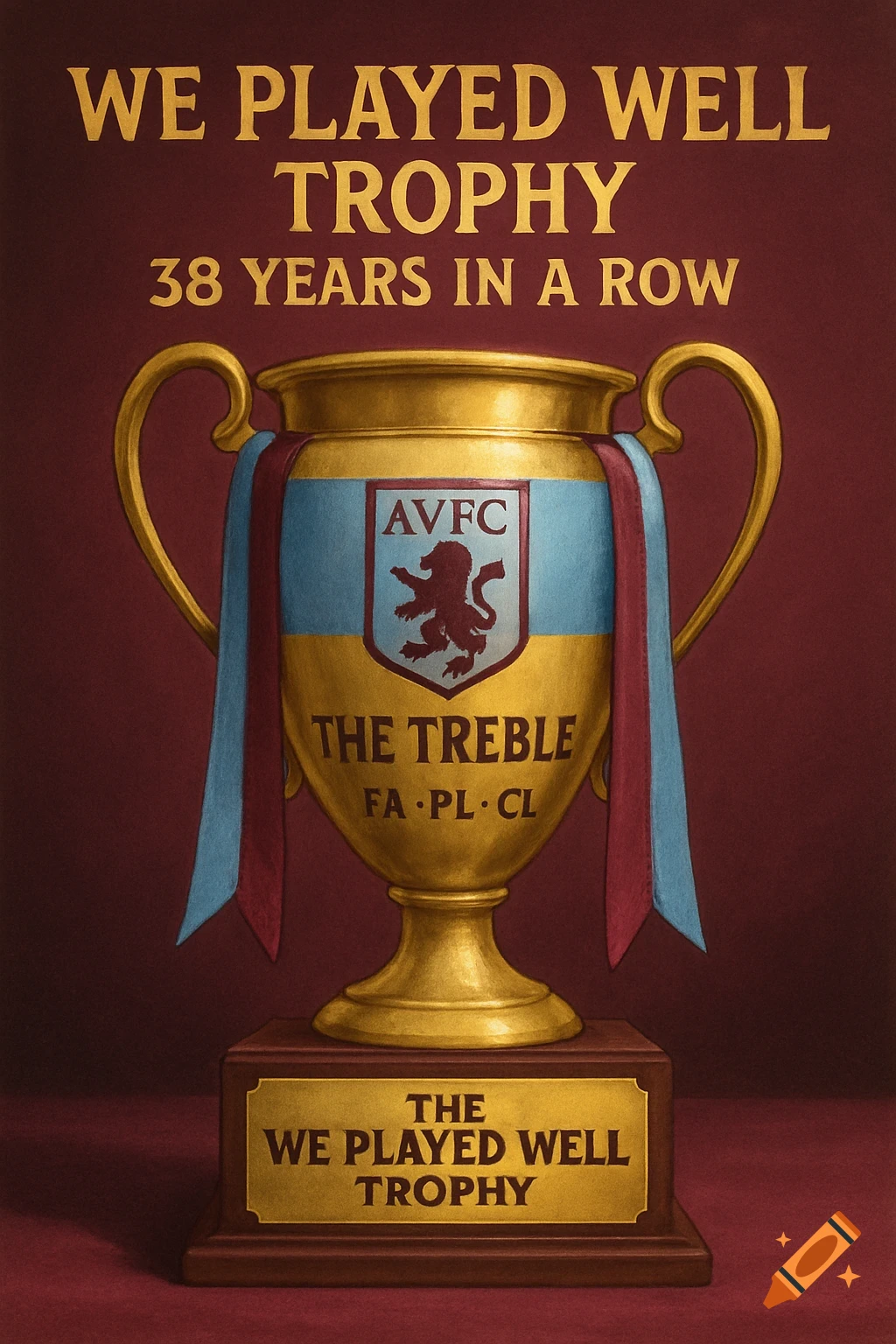 A gold trophy with claret and blue ribbons, engraved with 'We Played Well Trophy', '38 Years in a Row', and 'AVFC crest'.