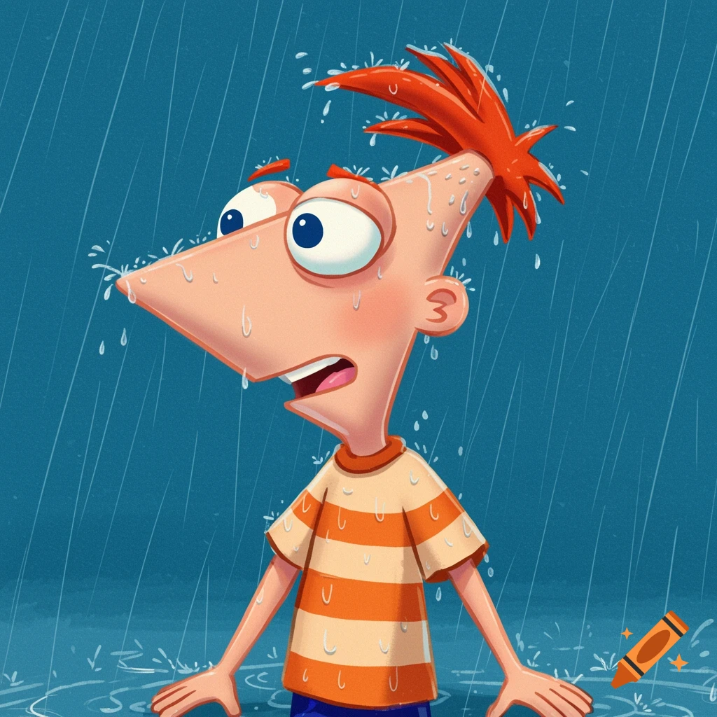 Cartoon character Phineas stands in heavy rain.