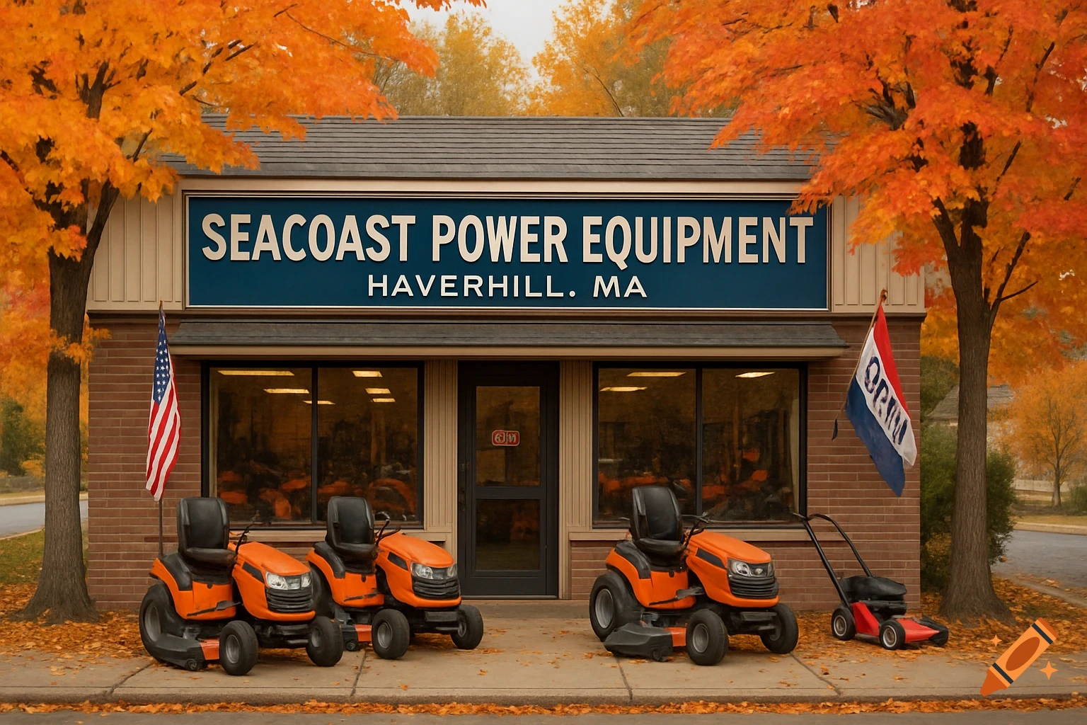 Seacoast Power Equipment store in autumn with orange lawnmowers displayed outside.