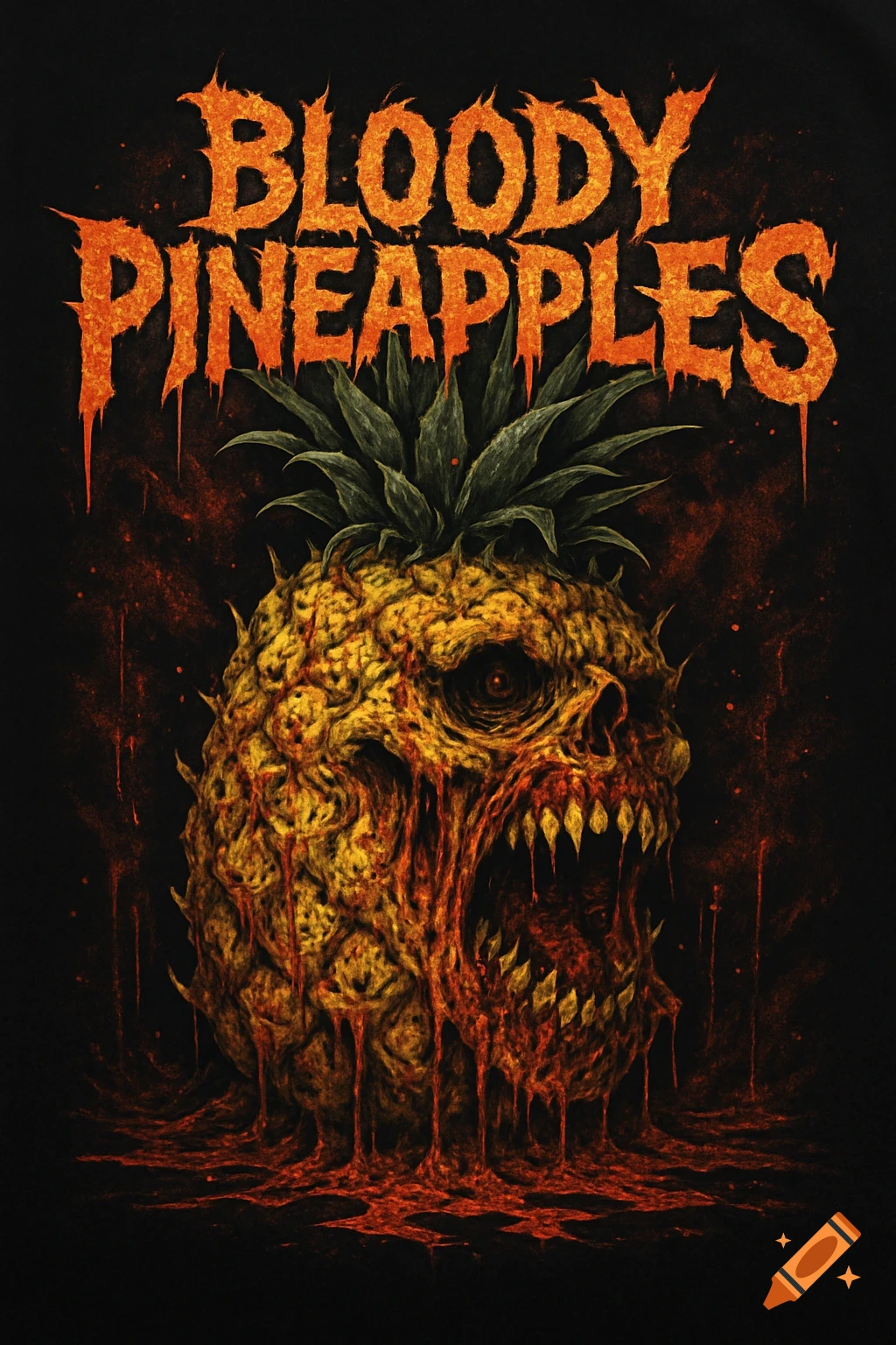 Monster pineapple with bloody texture and sharp teeth, text 'BLOODY PINEAPPLES' above, horror art style