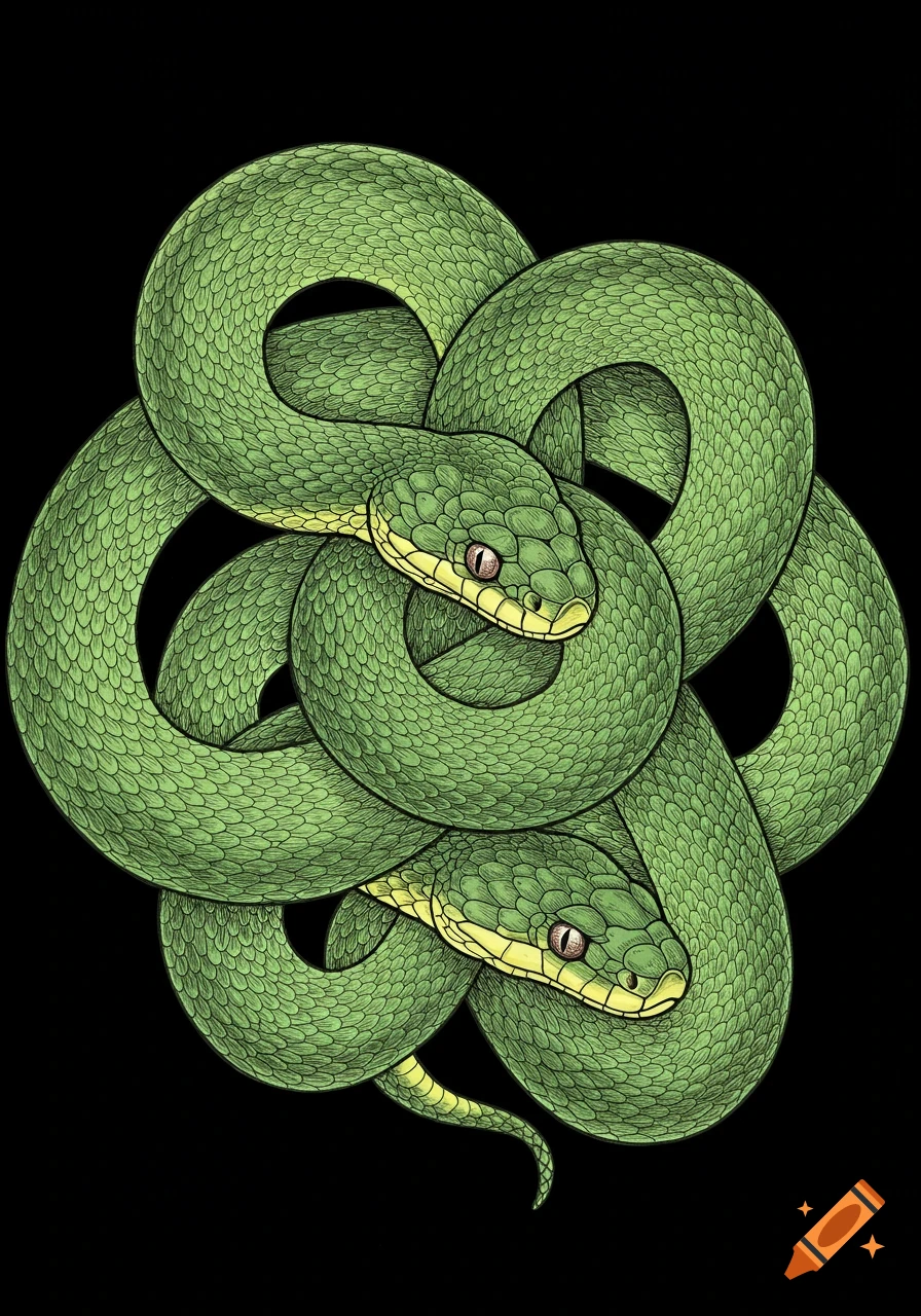 A detailed drawing of two bright green snakes intertwined in a knot on a black background.