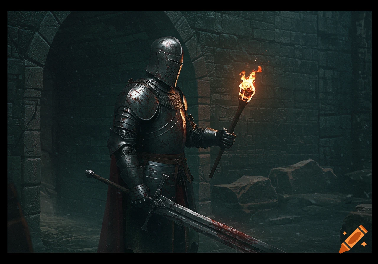 A medieval knight stands in a dark dungeon holding a lit torch and a bloody sword.