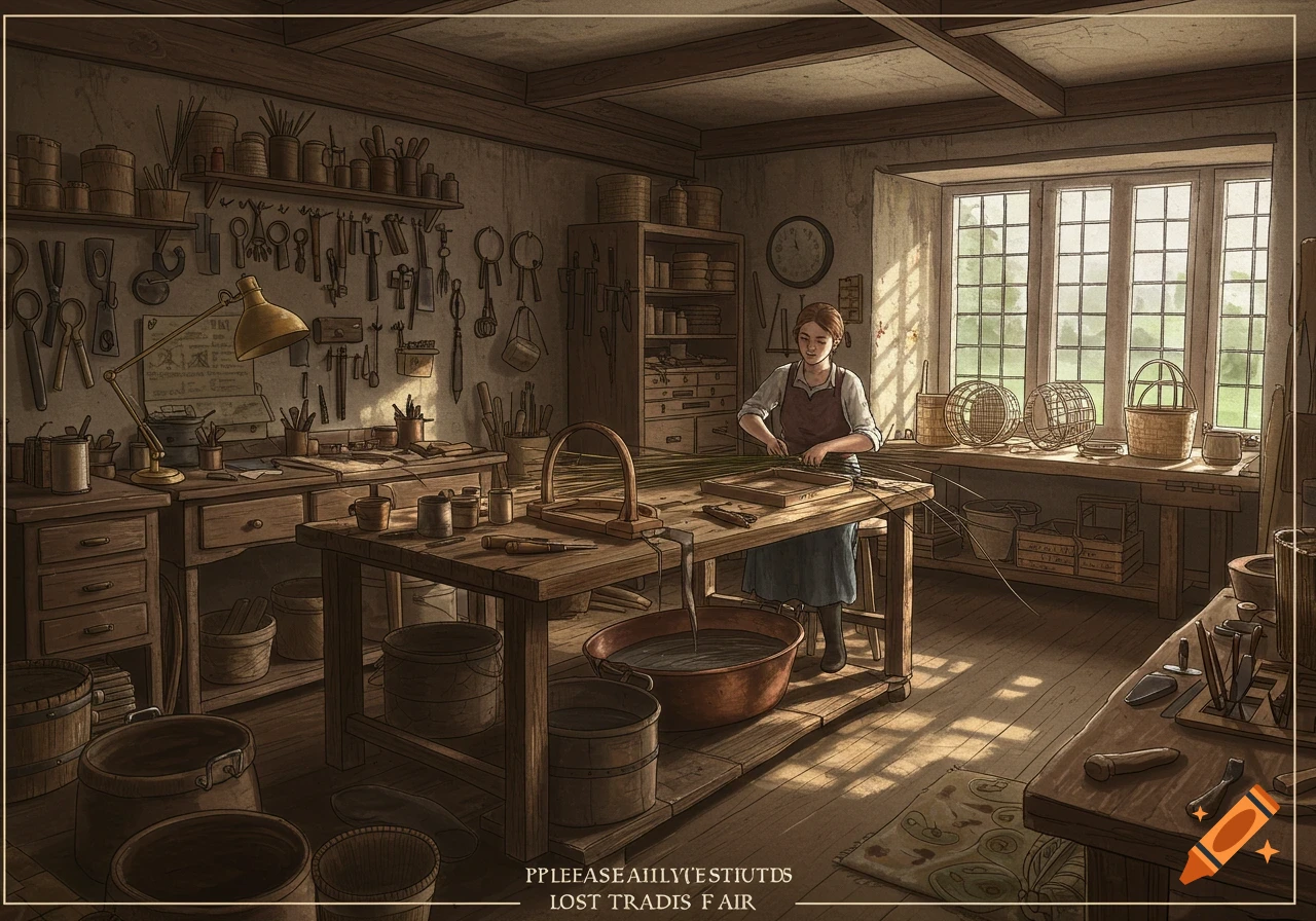 A woman weaves baskets in a rustic workshop filled with tools and bathed in sunlight.