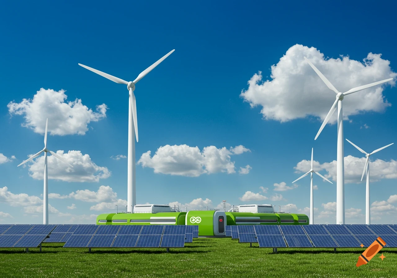 A green energy plant with solar panels and wind turbines under a blue sky.