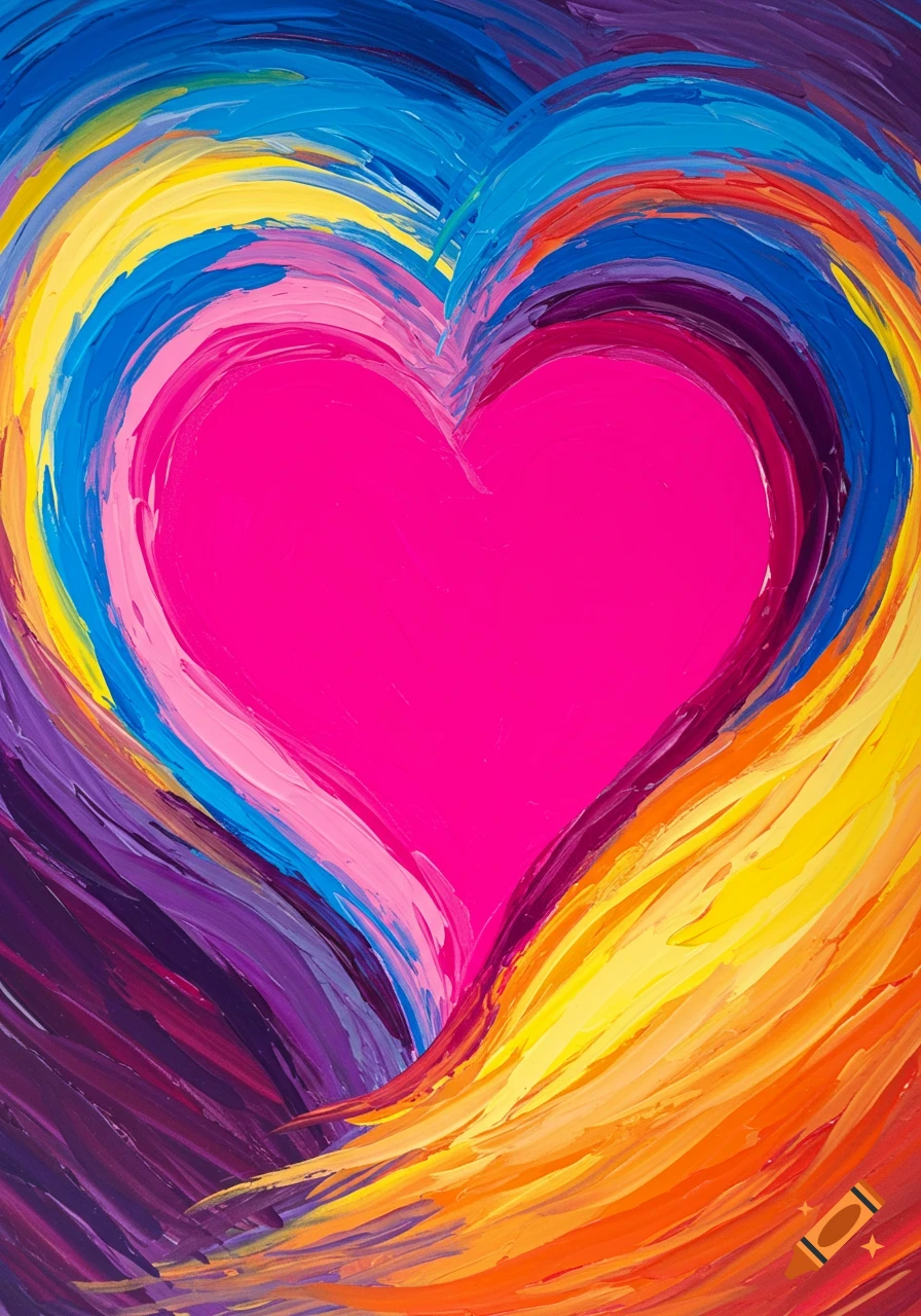 Abstract painting of a pink heart surrounded by colorful brushstrokes.