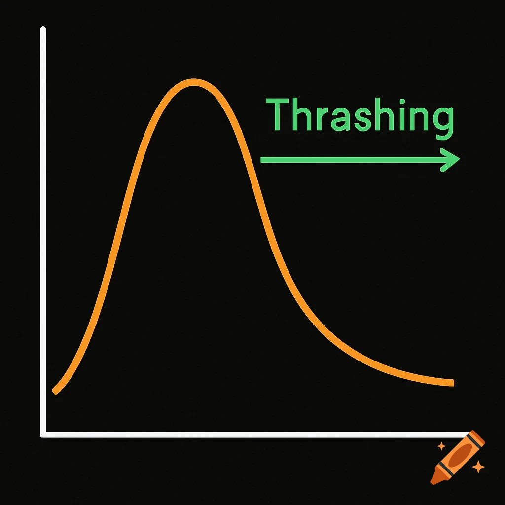 A graph with a curved orange line on white axes against a black background, labeled 'Thrashing' with a green arrow.