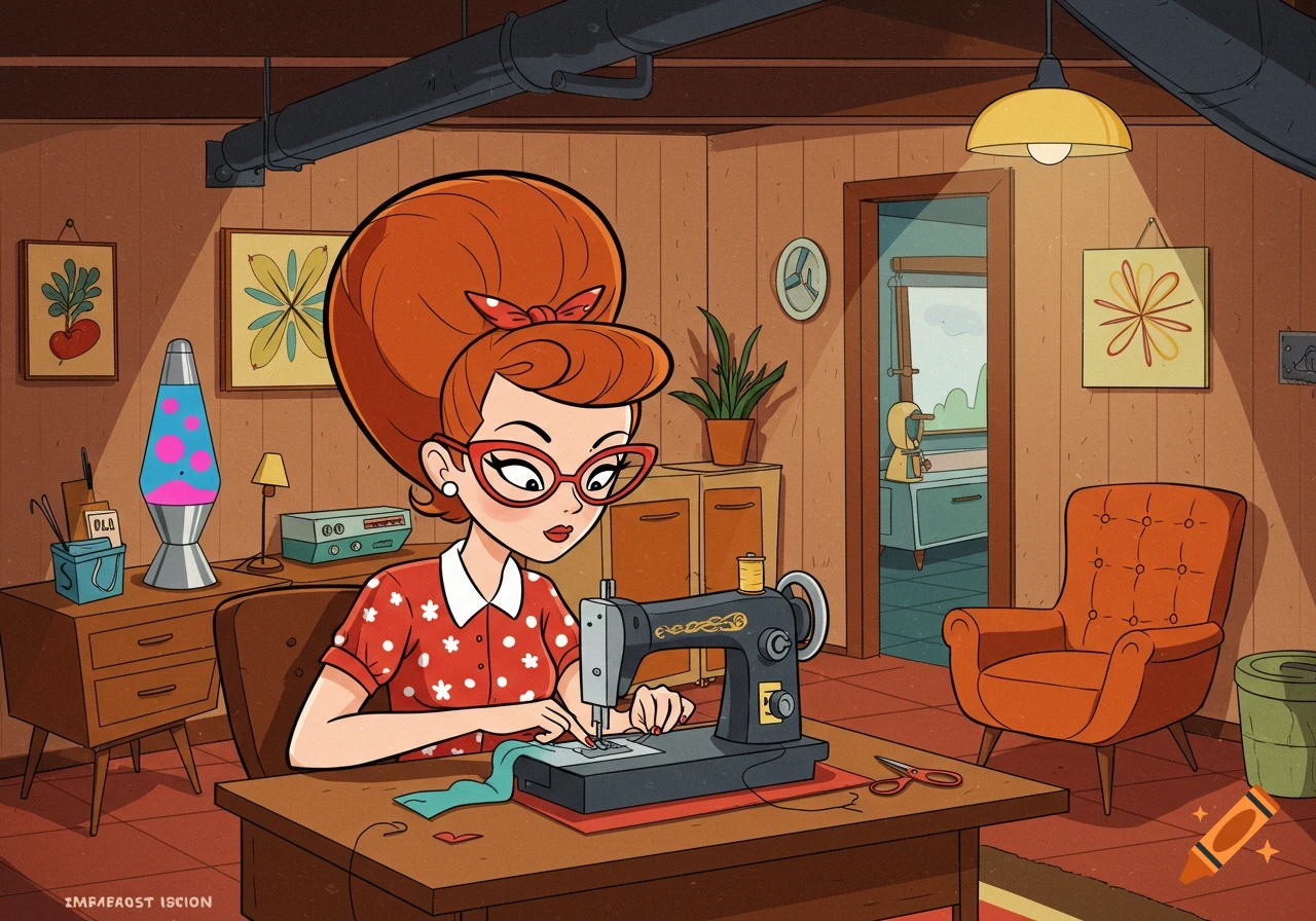 Retro cartoon illustration of a woman with beehive hair and glasses sewing in a basement with a lava lamp and mid-century decor.