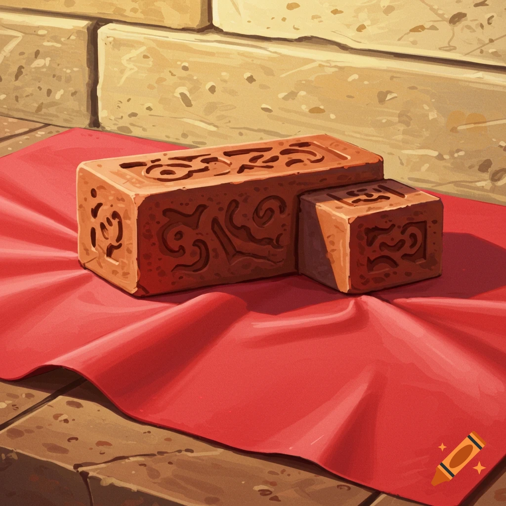 Two decorative carved bricks rest on a red cloth on a stone surface, with a brick wall in the background. Painted style.