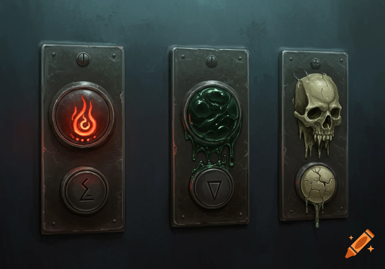 Three spooky elevator buttons with symbols, featuring fire, green slime, and a skull.
