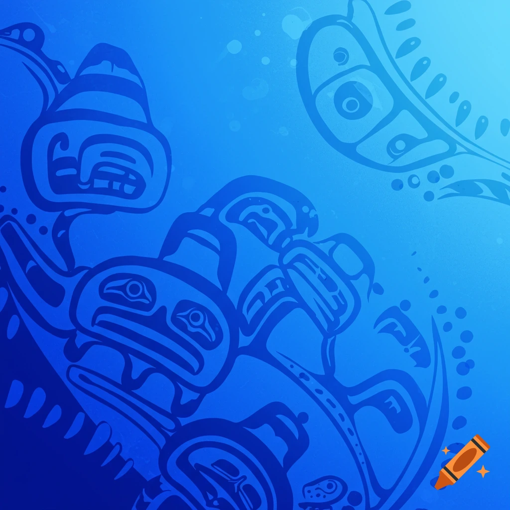 Indigenous art pattern in dark blue over a blue gradient background.