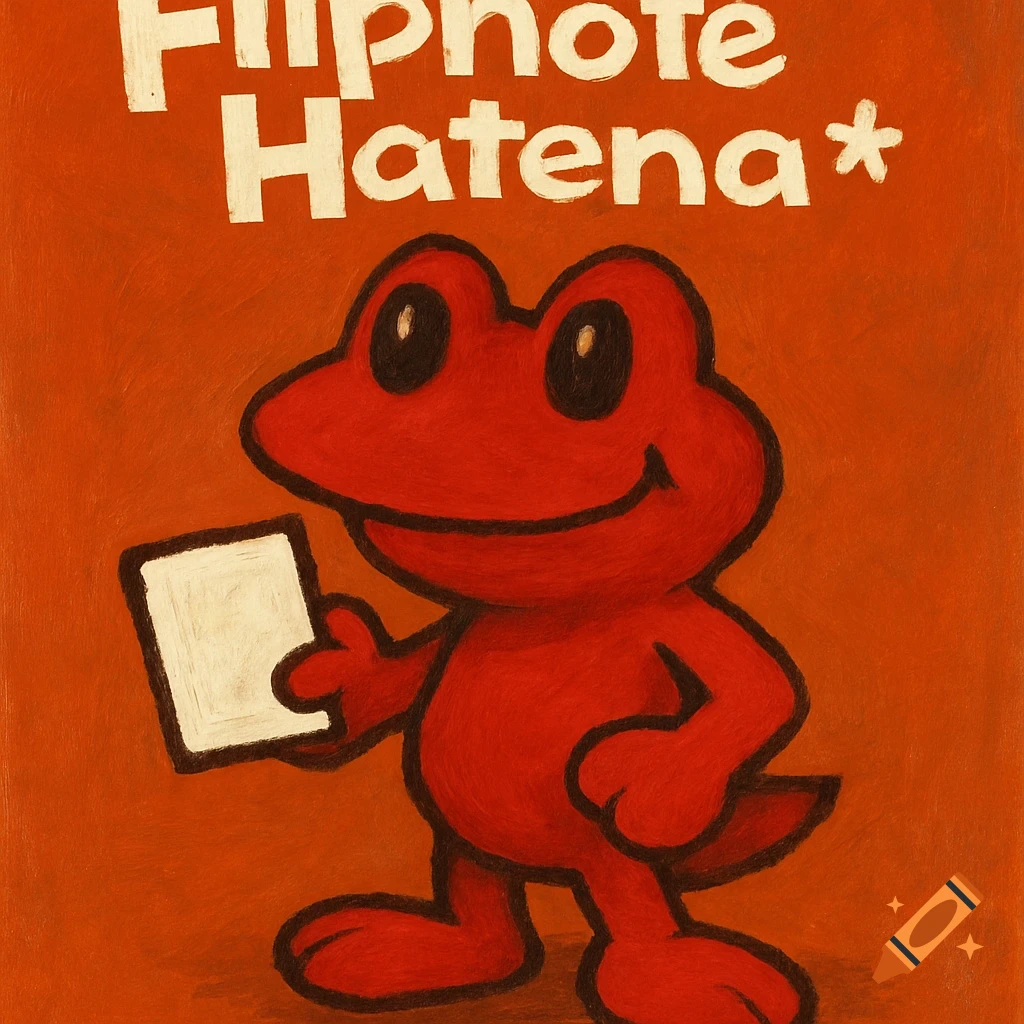A red cartoon frog character holds a white object under text that reads Flipnote Hatena.