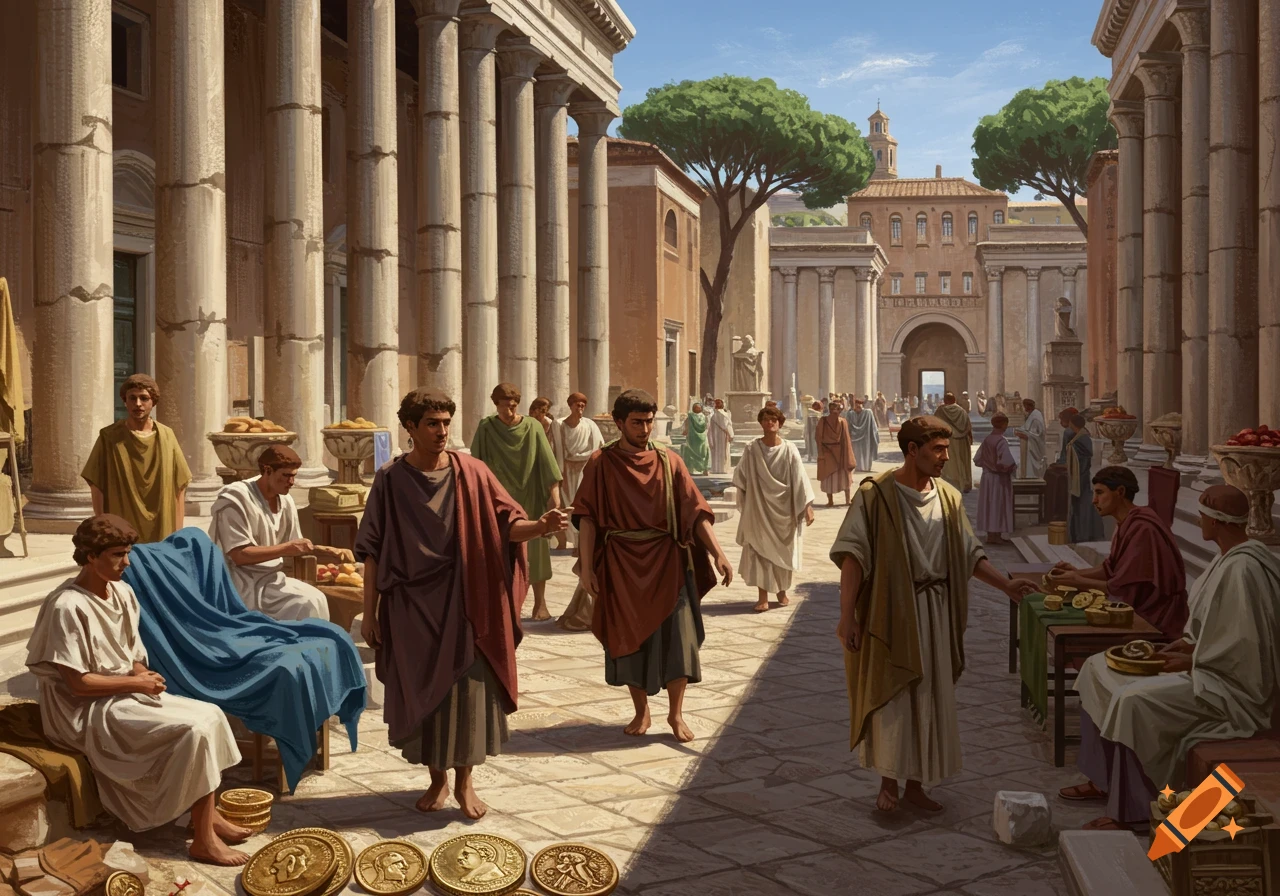 A bustling marketplace scene in ancient Rome with people in togas, architecture, and coins.