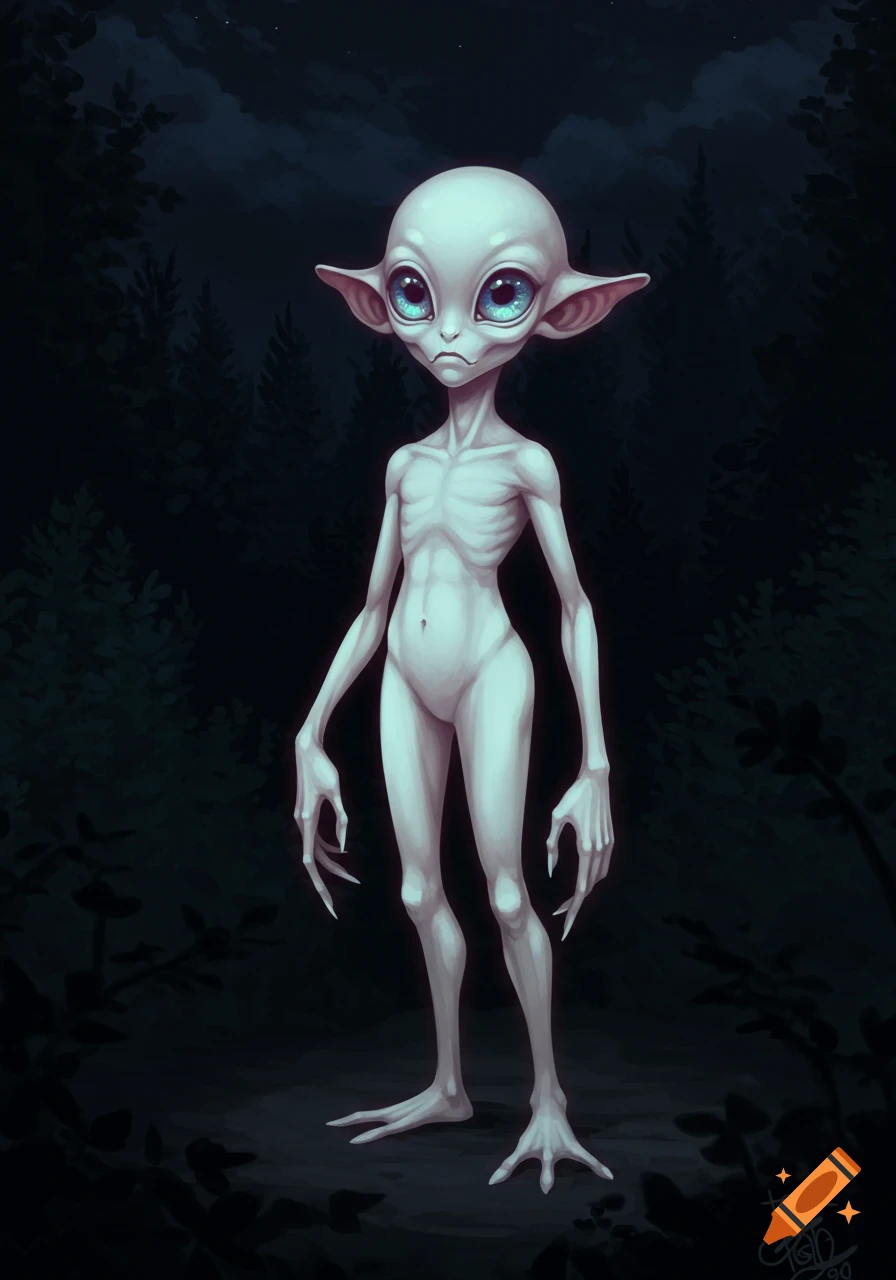 A pale, large-eyed creature with long fingers stands in a dark forest.