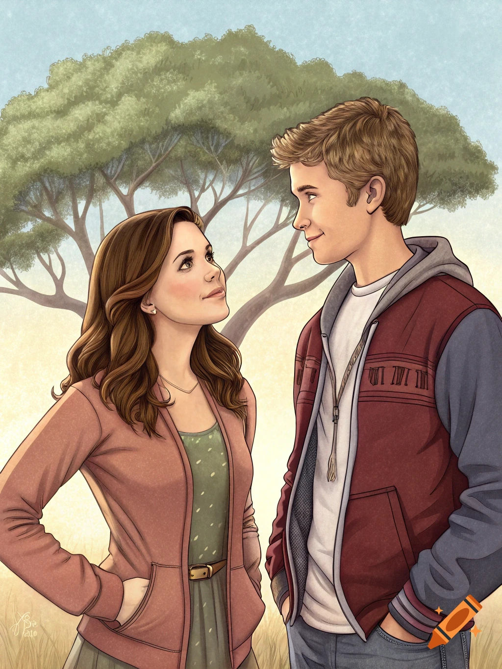 Illustration of a young man and woman looking at each other near a large tree.