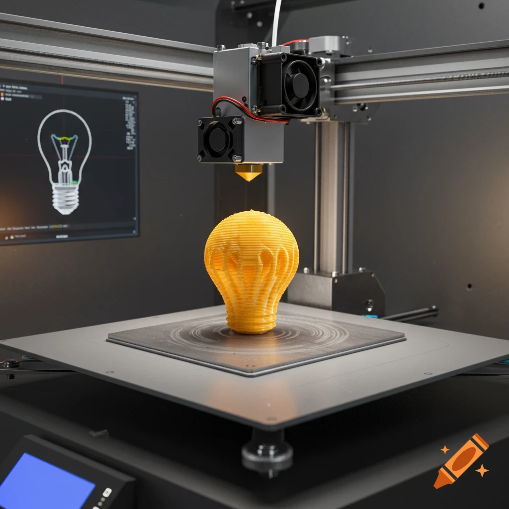 Photorealistic image of a 3D printer printing a yellow light bulb.