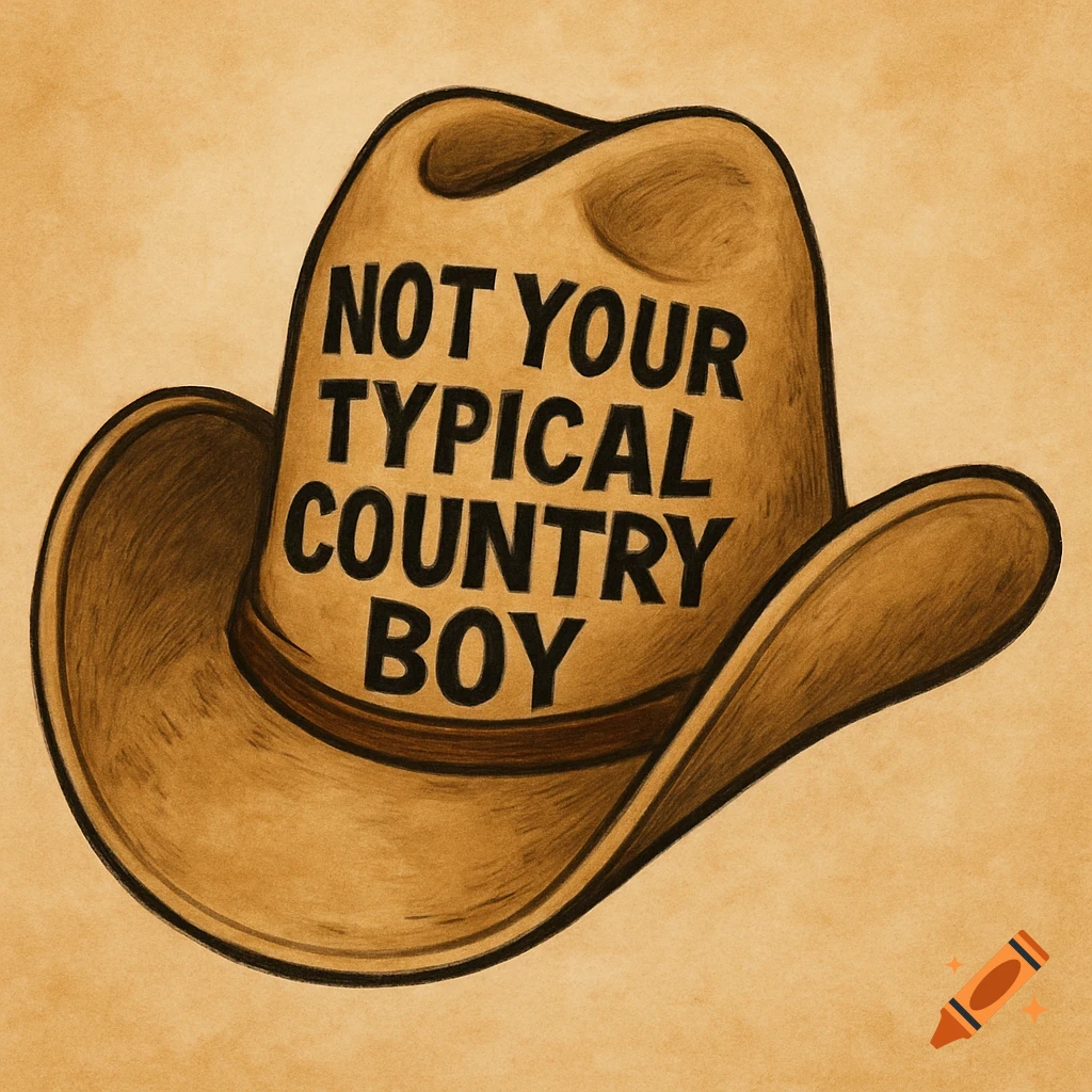 Sketch drawing of a cowboy hat with the text 'NOT YOUR TYPICAL COUNTRY BOY'.