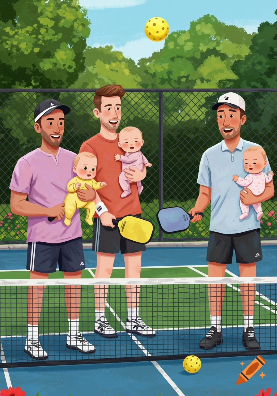 Illustration of three men on a pickleball court, each holding a baby, with a ball in the air.