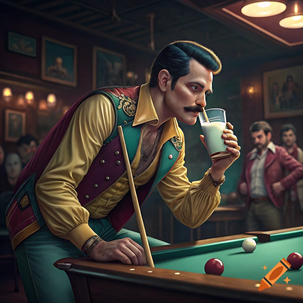 Man resembling Freddie Mercury drinks milk while playing pool in a bar.