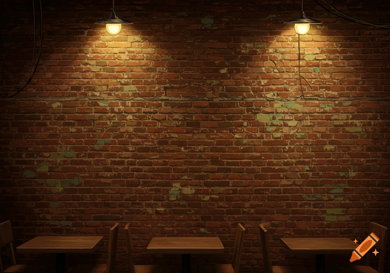 Interior of a cafe with a brick wall, lamps, and tables.