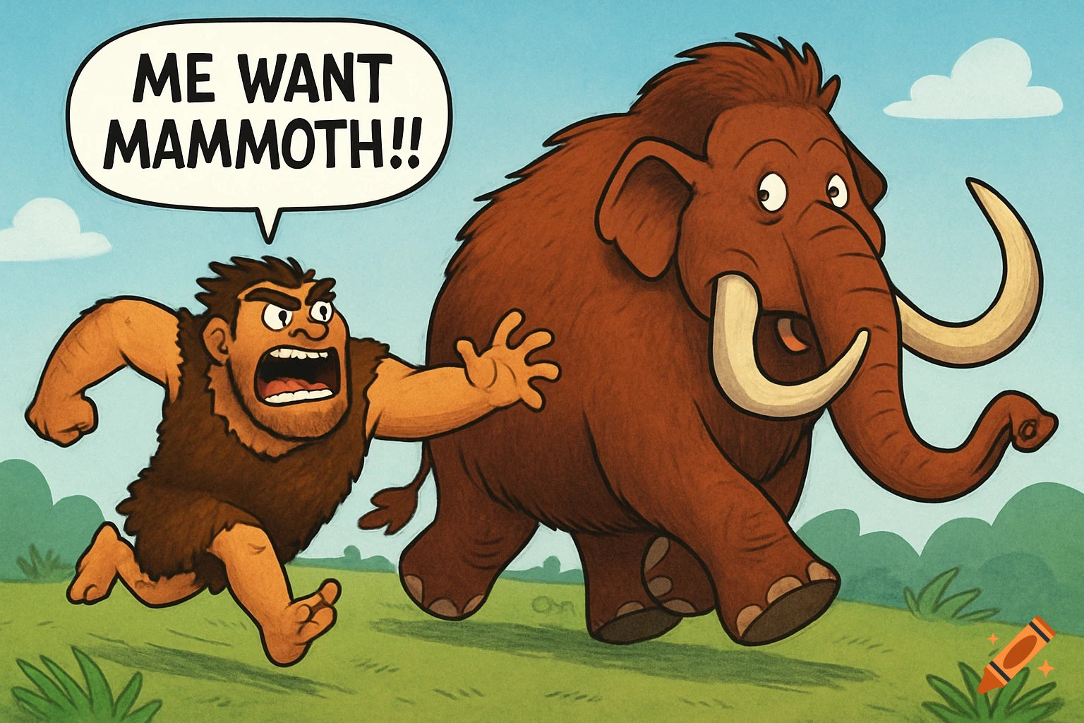 Cartoon caveman chases mammoth with speech bubble 'ME WANT MAMMOTH!!'