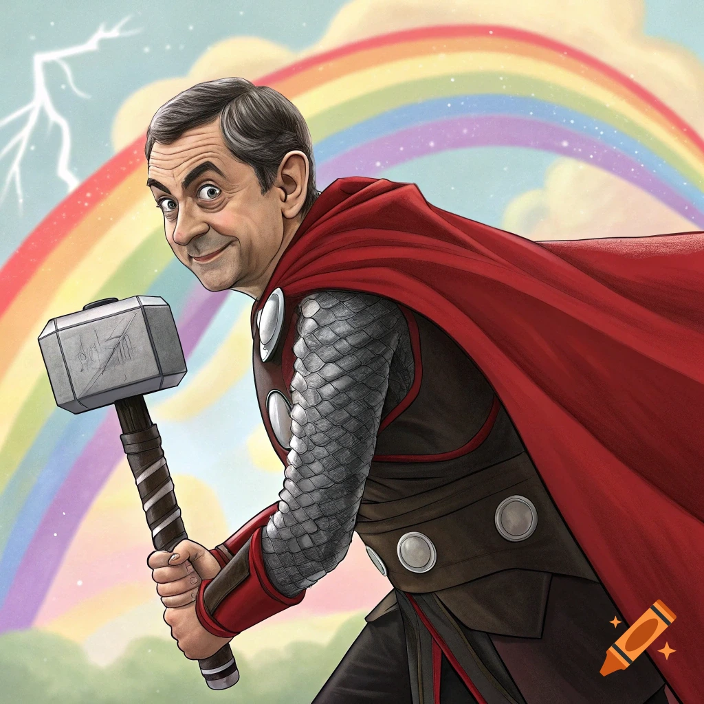 Illustration of Mr. Bean dressed as Thor, holding Mjolnir, with a rainbow behind him.